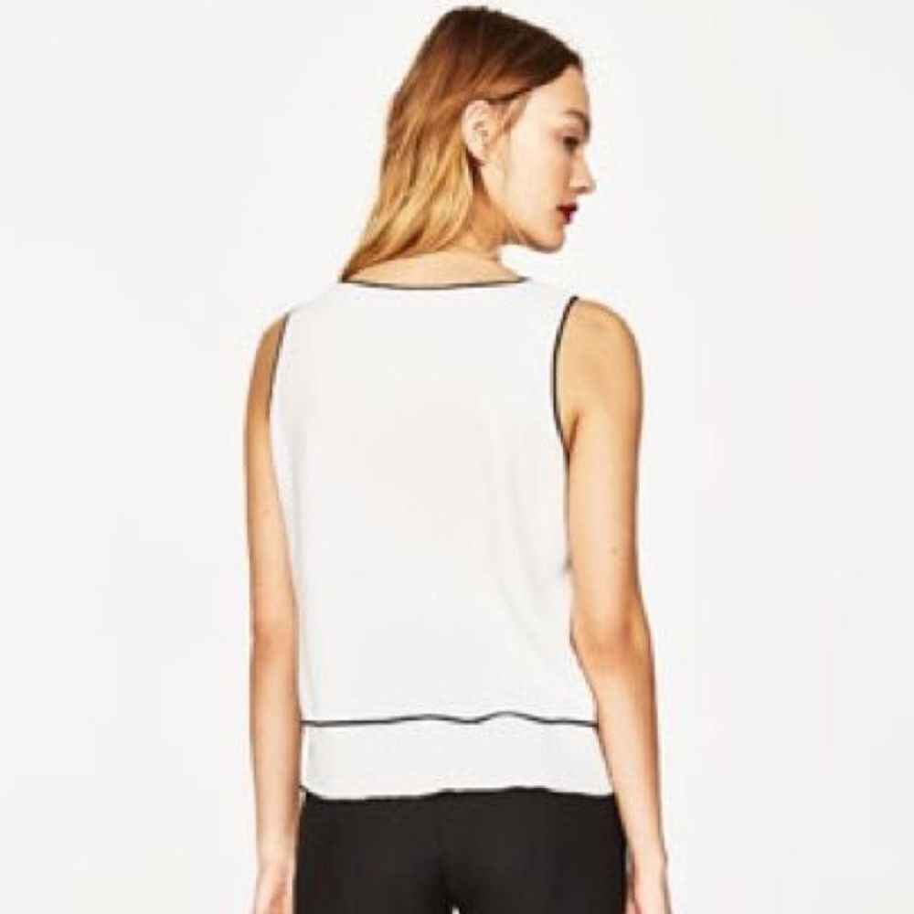 Zara White Neck Top with Contrast Piping Trim Size XS - Picture 2 of 13